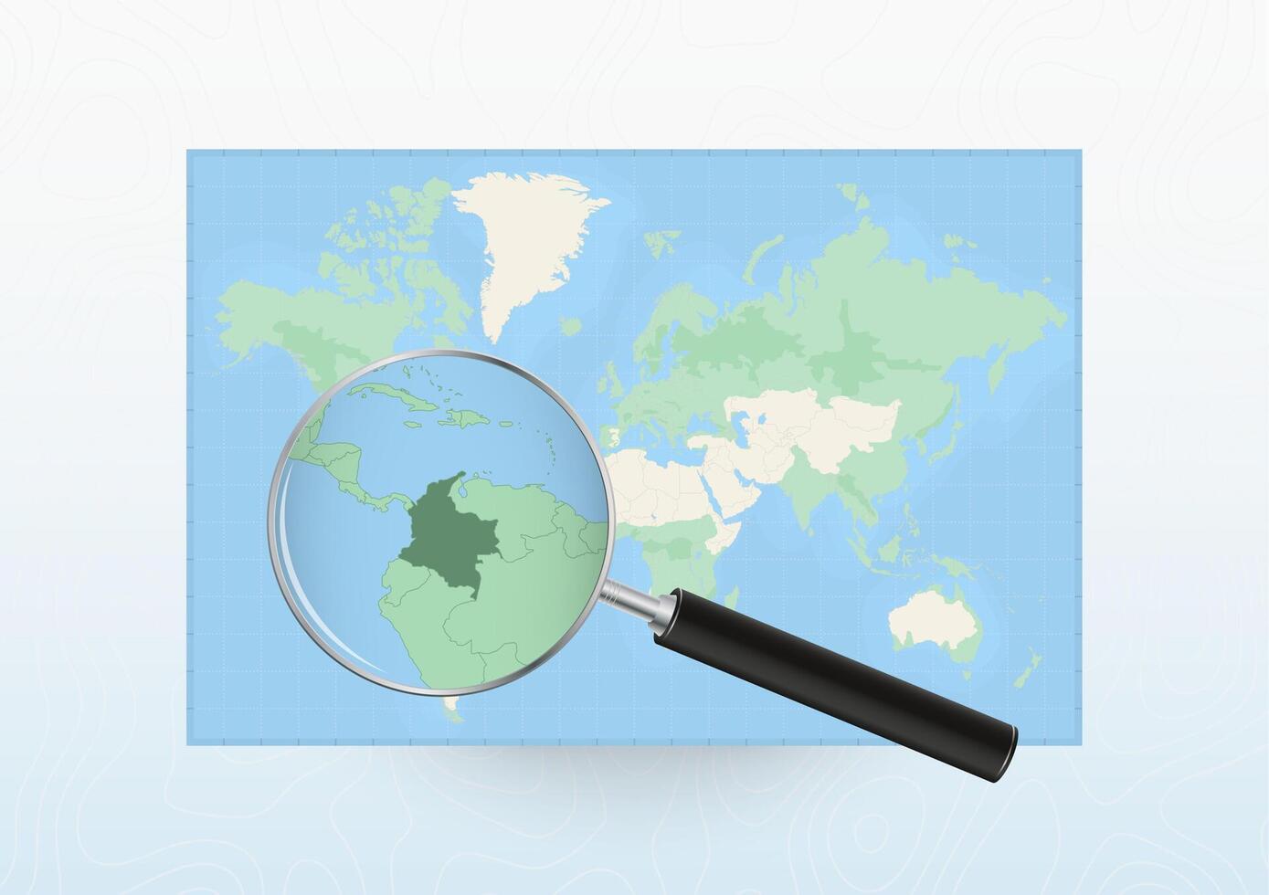 Map of the World with a magnifying glass aimed at Colombia, searching Colombia with loupe. vector