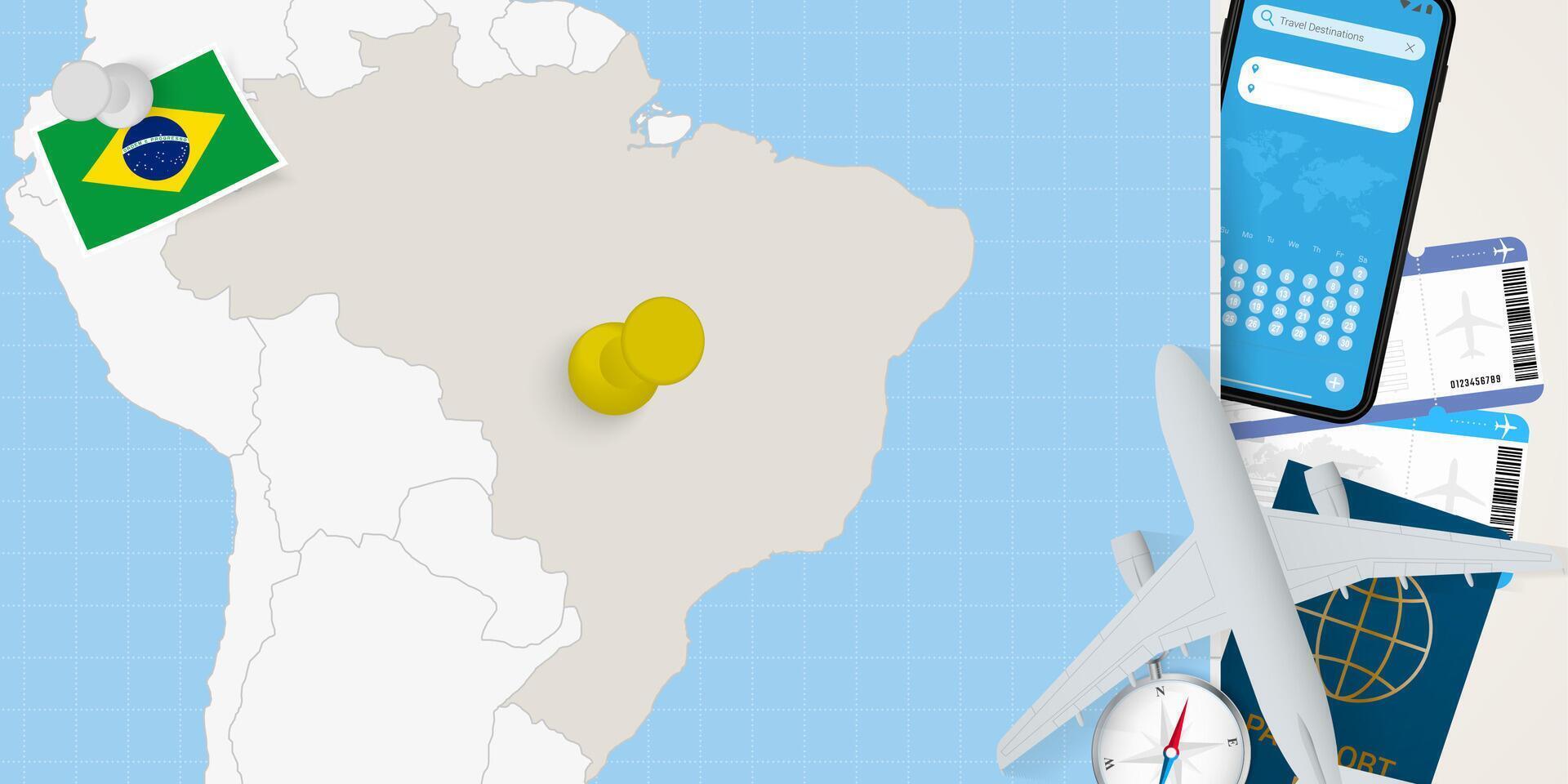 Travel to Brazil concept, map with pin on map of Brazil. Vacation preparation map, flag, passport and tickets. vector