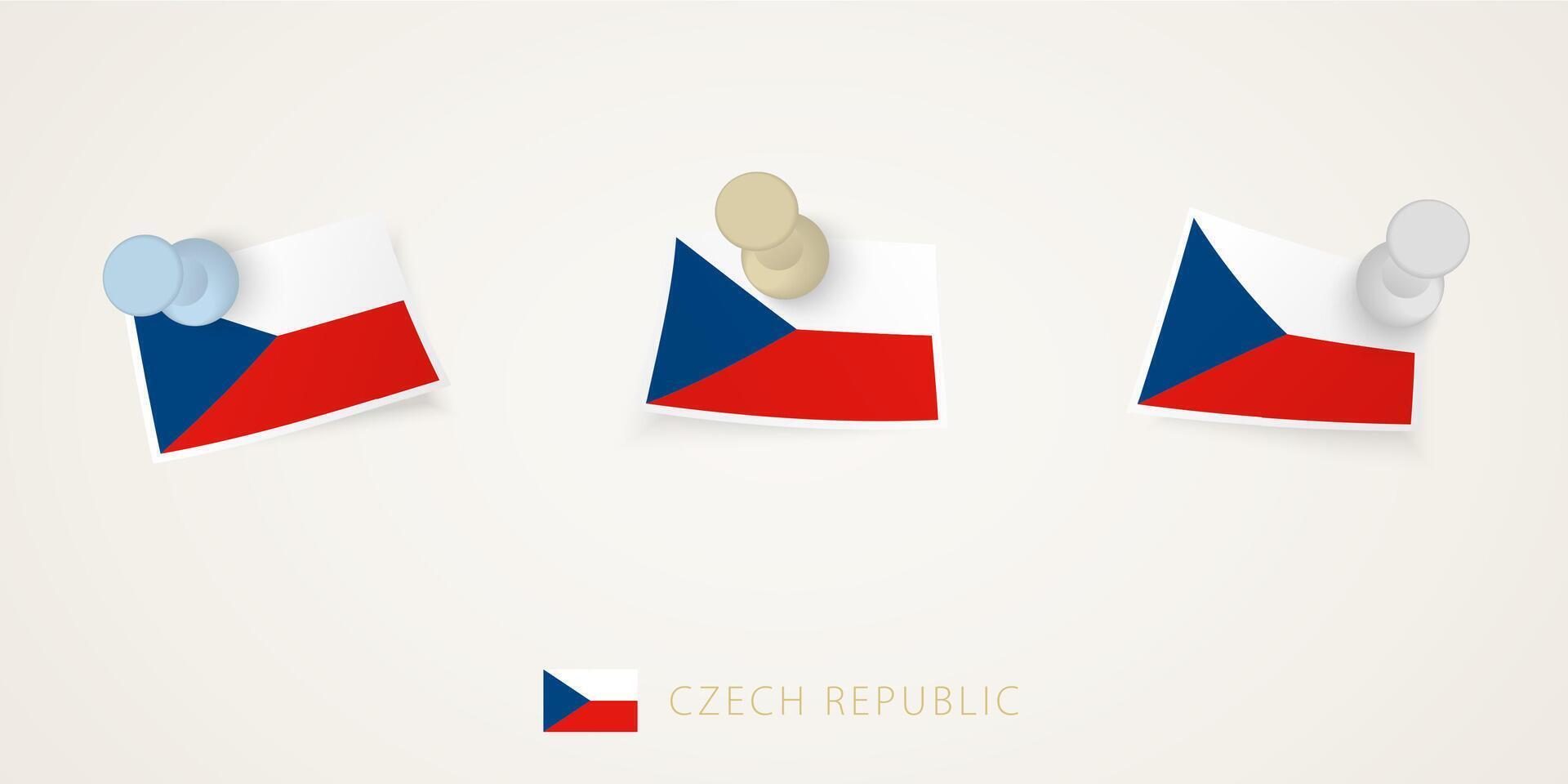 Pinned flag of Czech Republic in different shapes with twisted corners. vector
