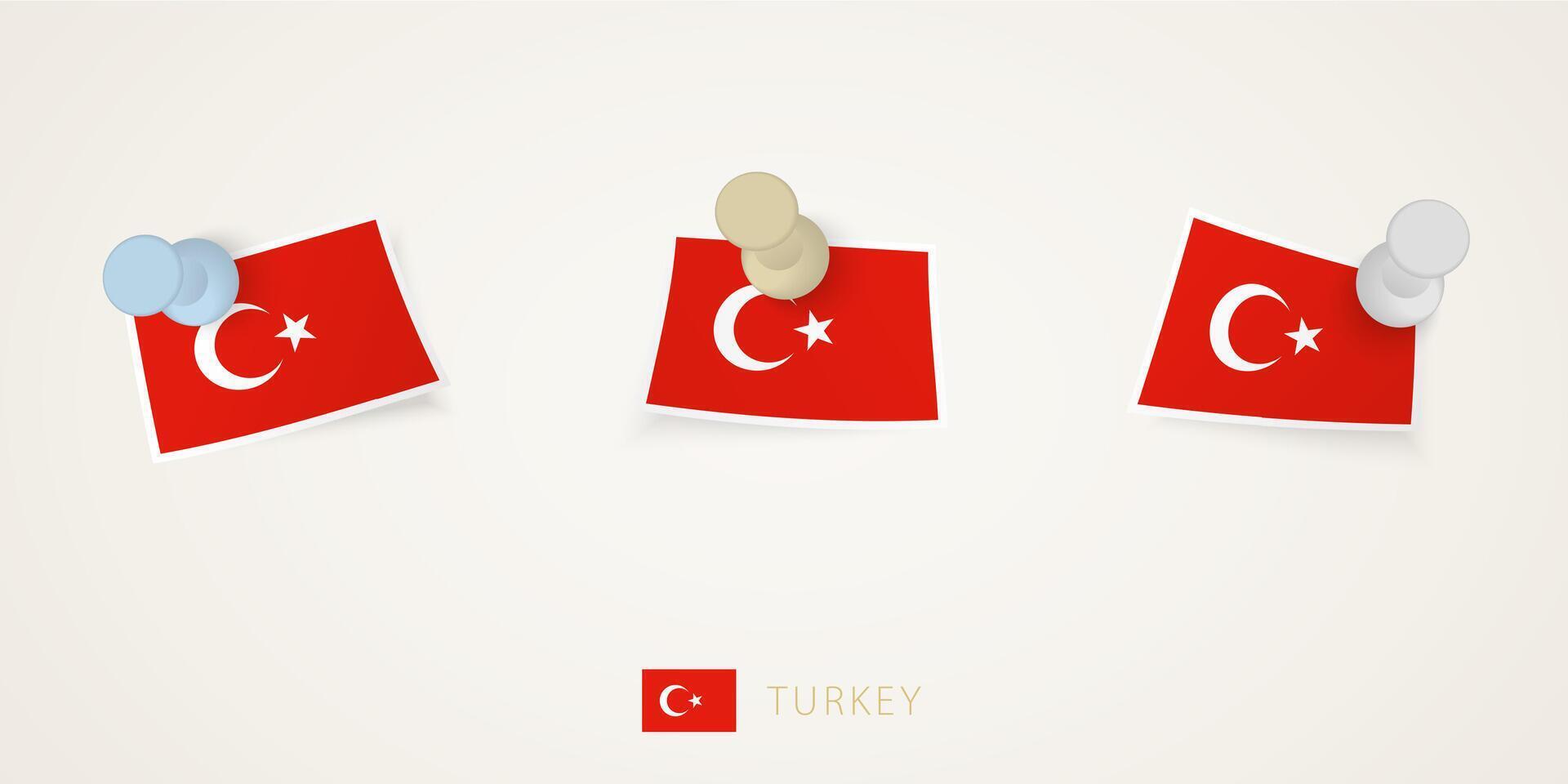 Pinned flag of Turkey in different shapes with twisted corners. vector