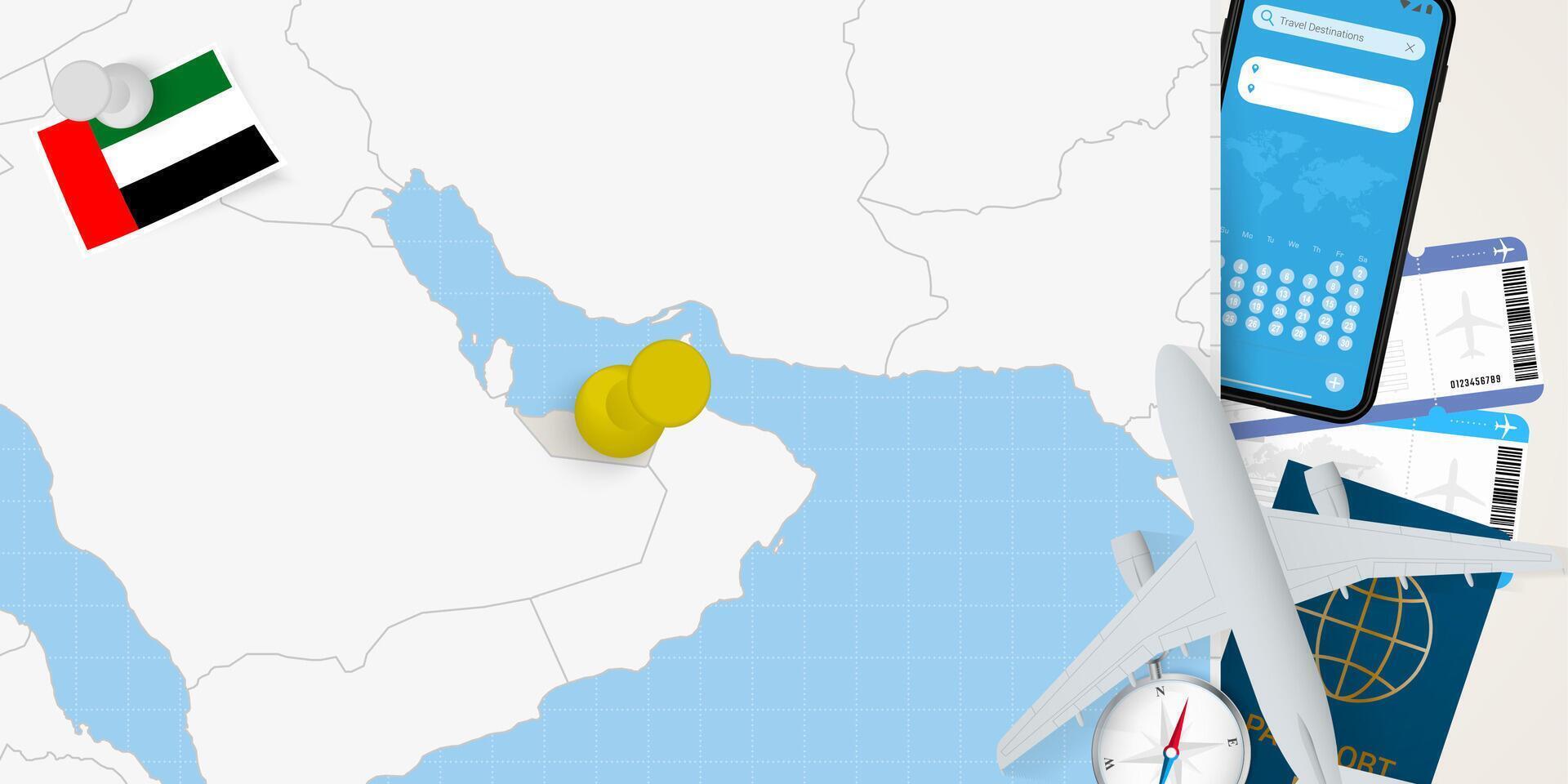 Travel to United Arab Emirates concept, map with pin on map of United Arab Emirates. Vacation preparation map, flag, passport and tickets. vector