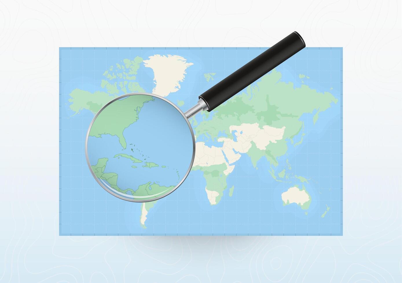 Map of the World with a magnifying glass aimed at The Bahamas, searching The Bahamas with loupe. vector