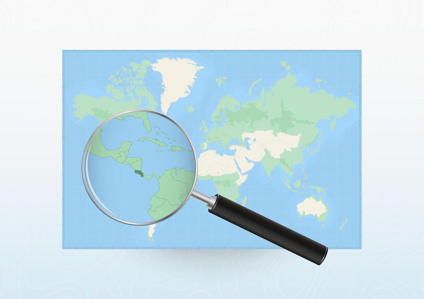 Map of the World with a magnifying glass aimed at Costa Rica, searching Costa Rica with loupe. vector