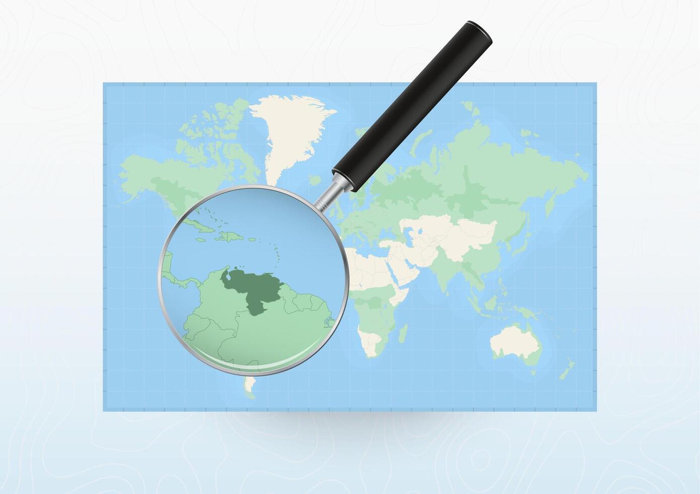 Map of the World with a magnifying glass aimed at Venezuela, searching Venezuela with loupe. vector
