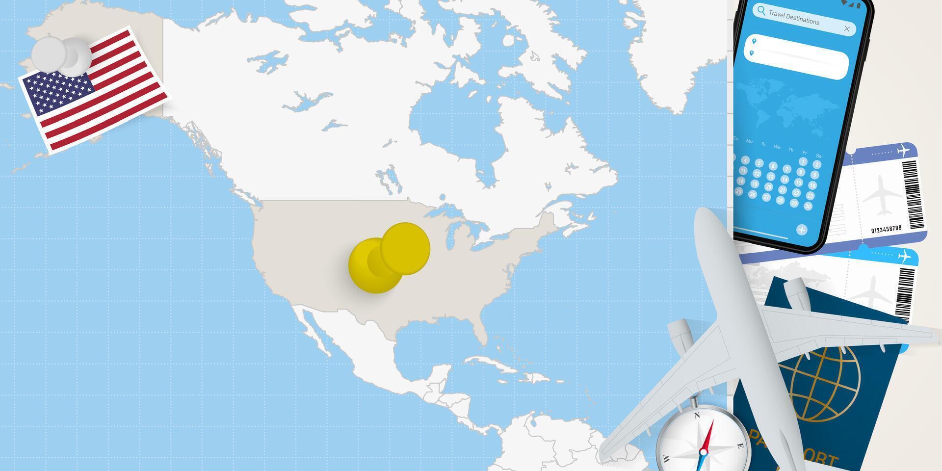 Travel to USA concept, map with pin on map of USA. Vacation preparation map, flag, passport and tickets. vector