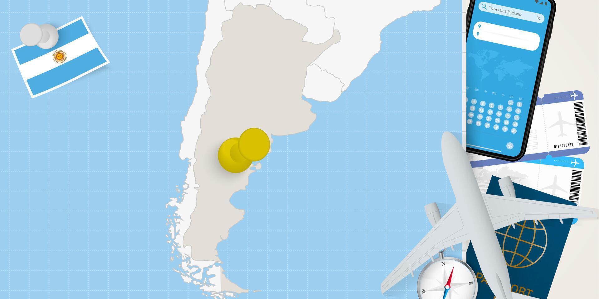 Travel to Argentina concept, map with pin on map of Argentina. Vacation preparation map, flag, passport and tickets. vector