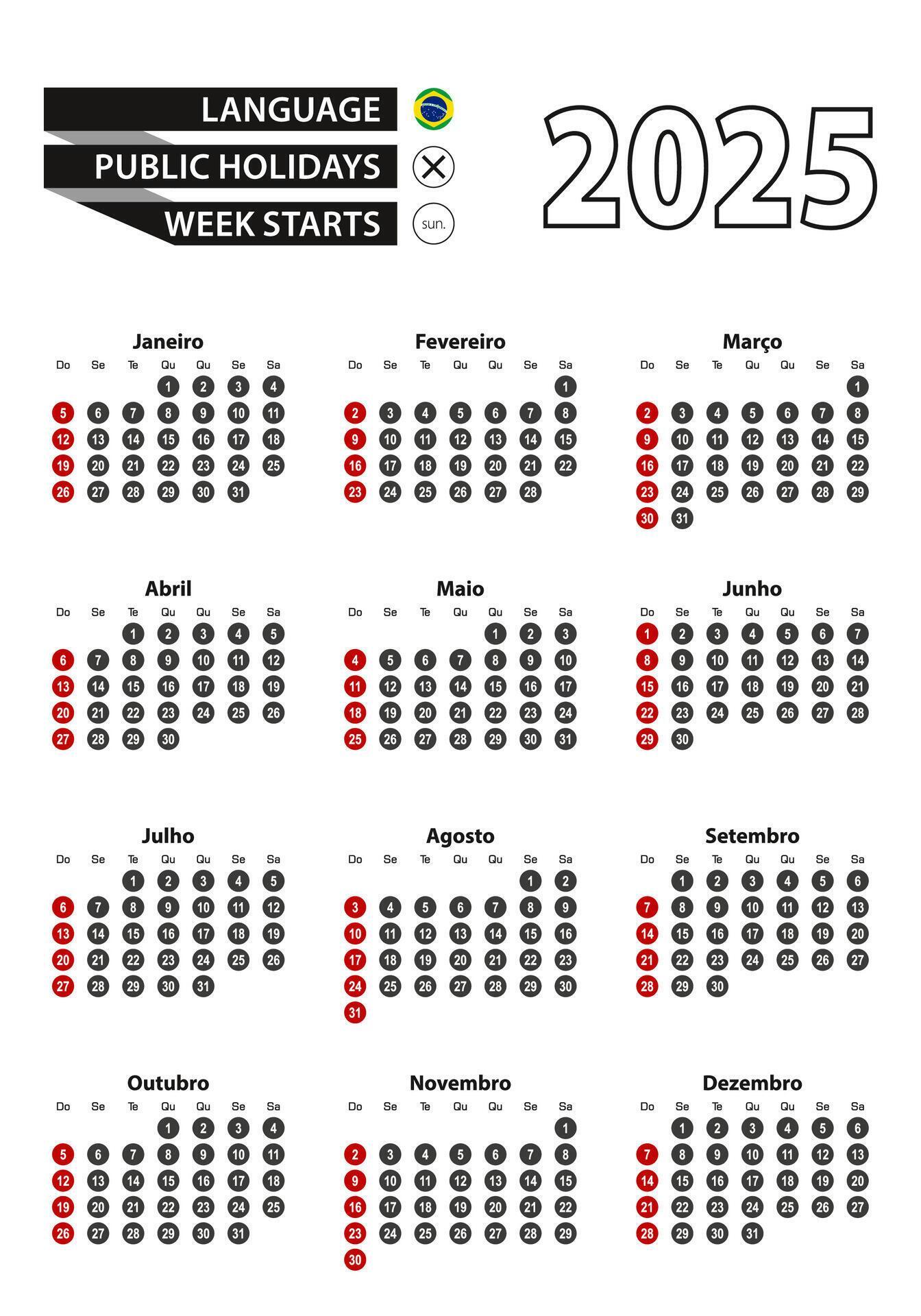 Portuguese calendar 2025 with numbers in circles, week starts on Sunday