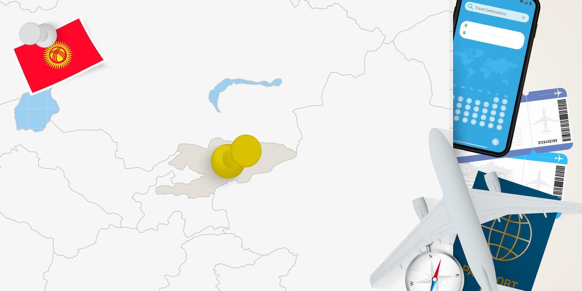 Travel to Kyrgyzstan concept, map with pin on map of Kyrgyzstan. Vacation preparation map, flag, passport and tickets. vector