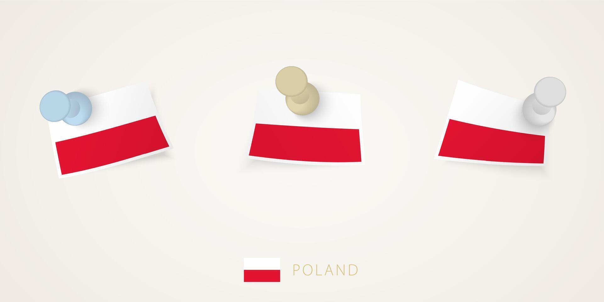Pinned flag of Poland in different shapes with twisted corners. vector