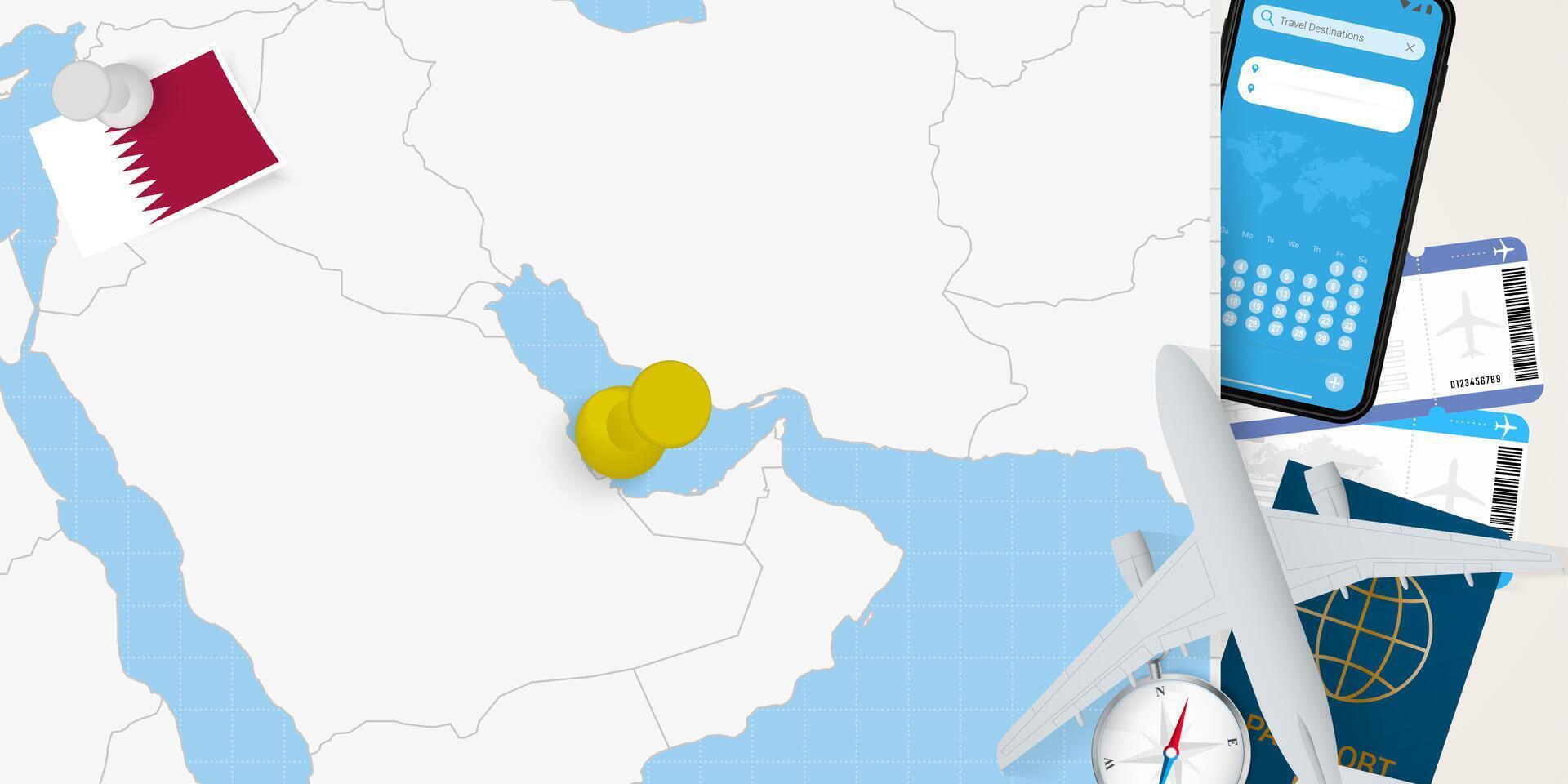 Travel to Qatar concept, map with pin on map of Qatar. Vacation preparation map, flag, passport and tickets. vector
