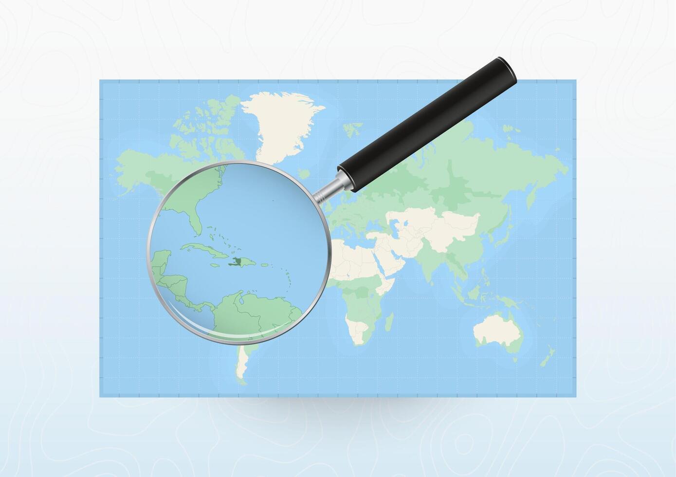 Map of the World with a magnifying glass aimed at Haiti, searching Haiti with loupe. vector