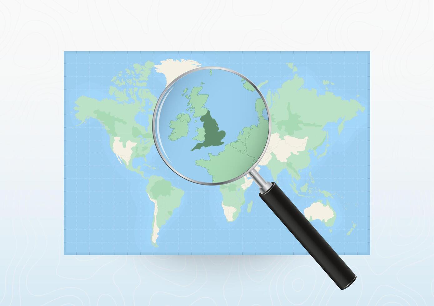 Map of the World with a magnifying glass aimed at England, searching England with loupe. vector