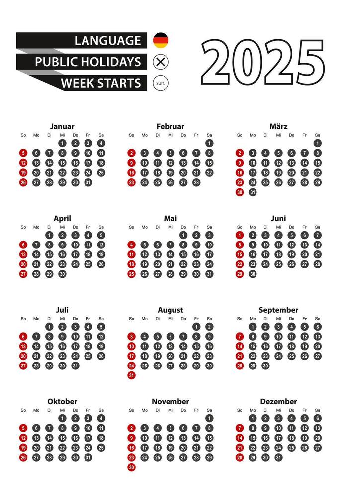 German calendar 2025 with numbers in circles, week starts on Sunday vector