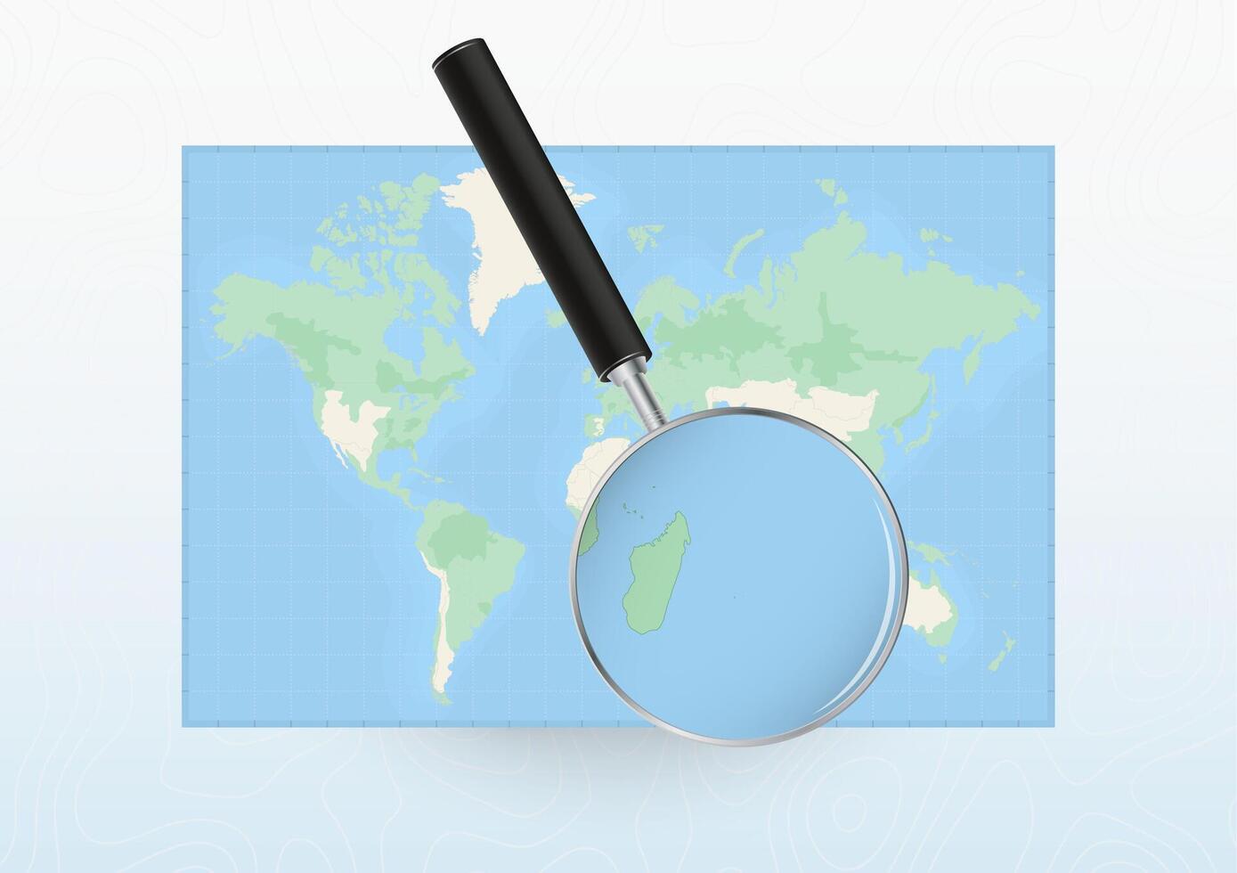 Map of the World with a magnifying glass aimed at Mauritius, searching Mauritius with loupe. vector