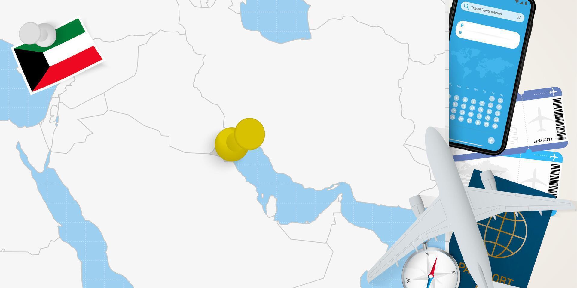 Travel to Kuwait concept, map with pin on map of Kuwait. Vacation preparation map, flag, passport and tickets. vector