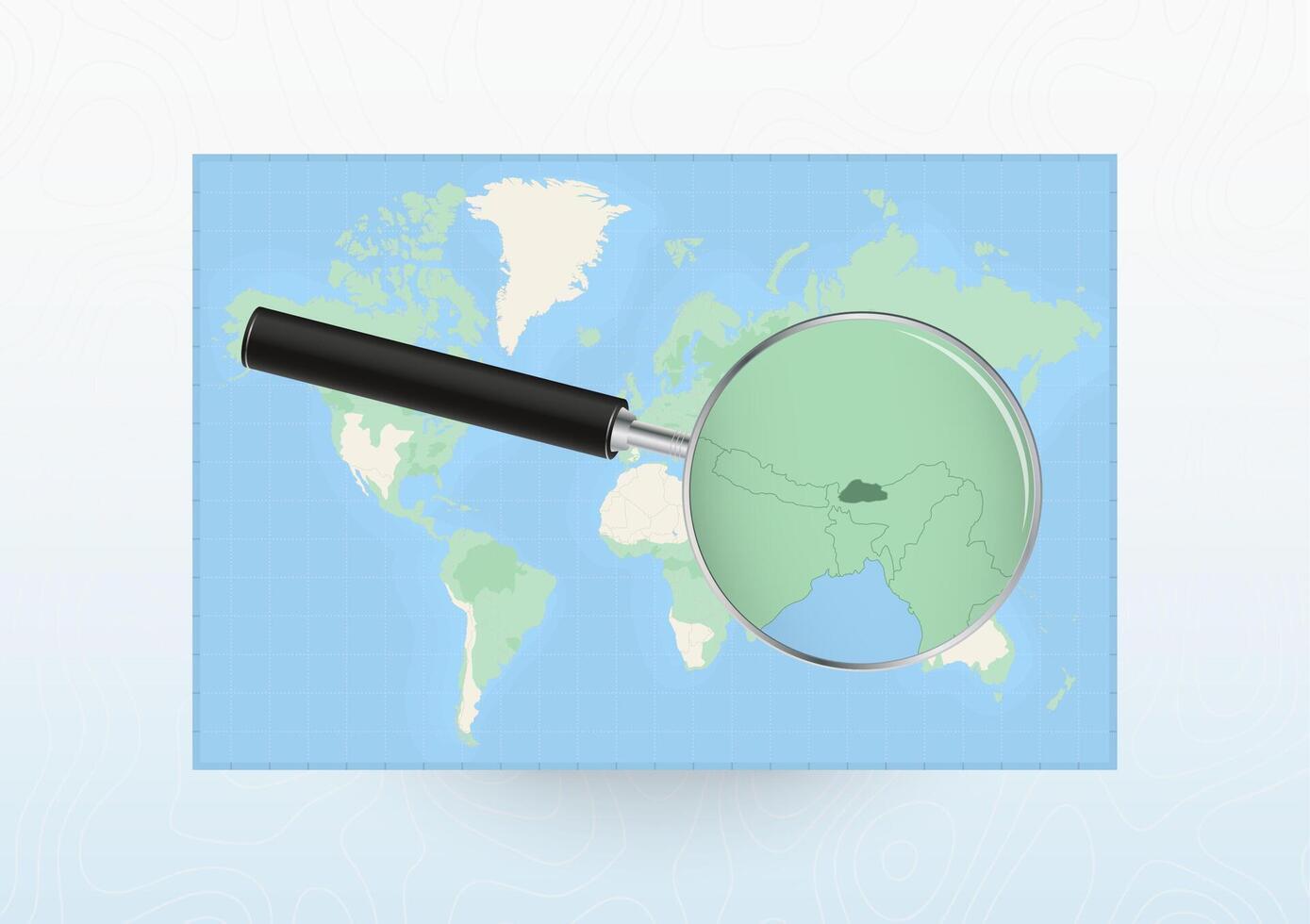 Map of the World with a magnifying glass aimed at Bhutan, searching Bhutan with loupe. vector