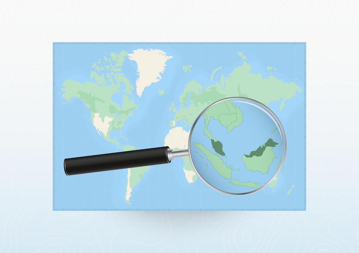 Map of the World with a magnifying glass aimed at Malaysia, searching Malaysia with loupe. vector