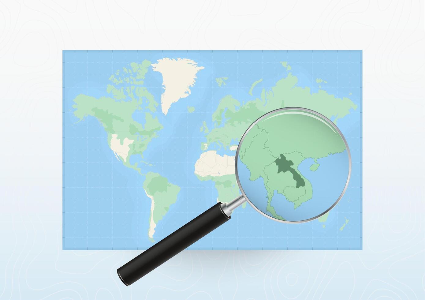 Map of the World with a magnifying glass aimed at Laos, searching Laos with loupe. vector
