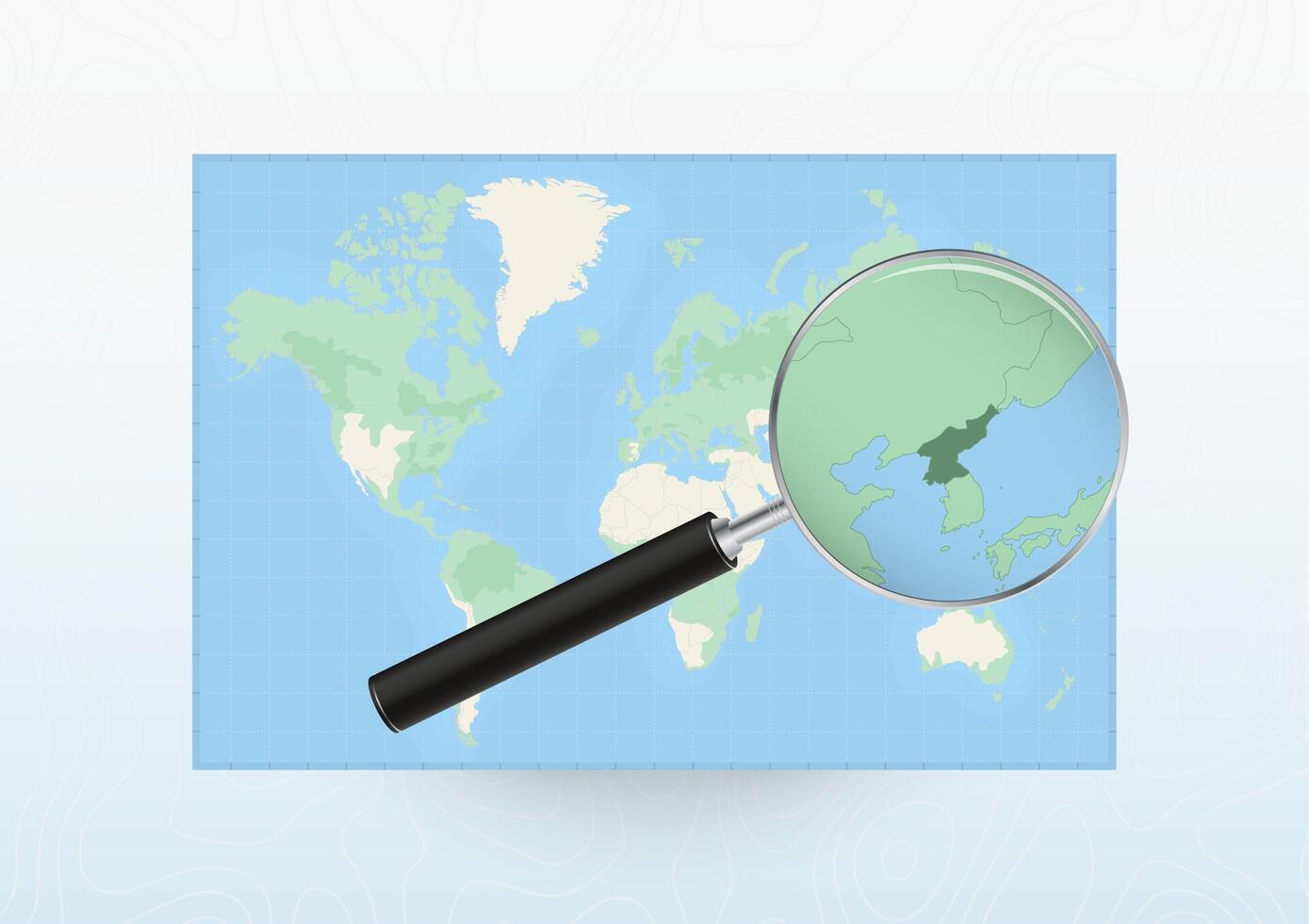 Map of the World with a magnifying glass aimed at North Korea, searching North Korea with loupe. vector