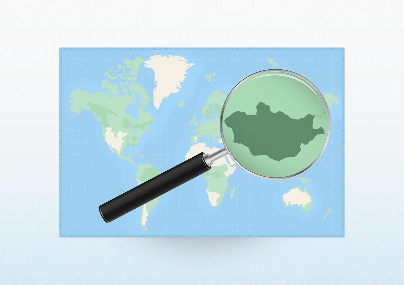 Map of the World with a magnifying glass aimed at Mongolia, searching Mongolia with loupe. vector