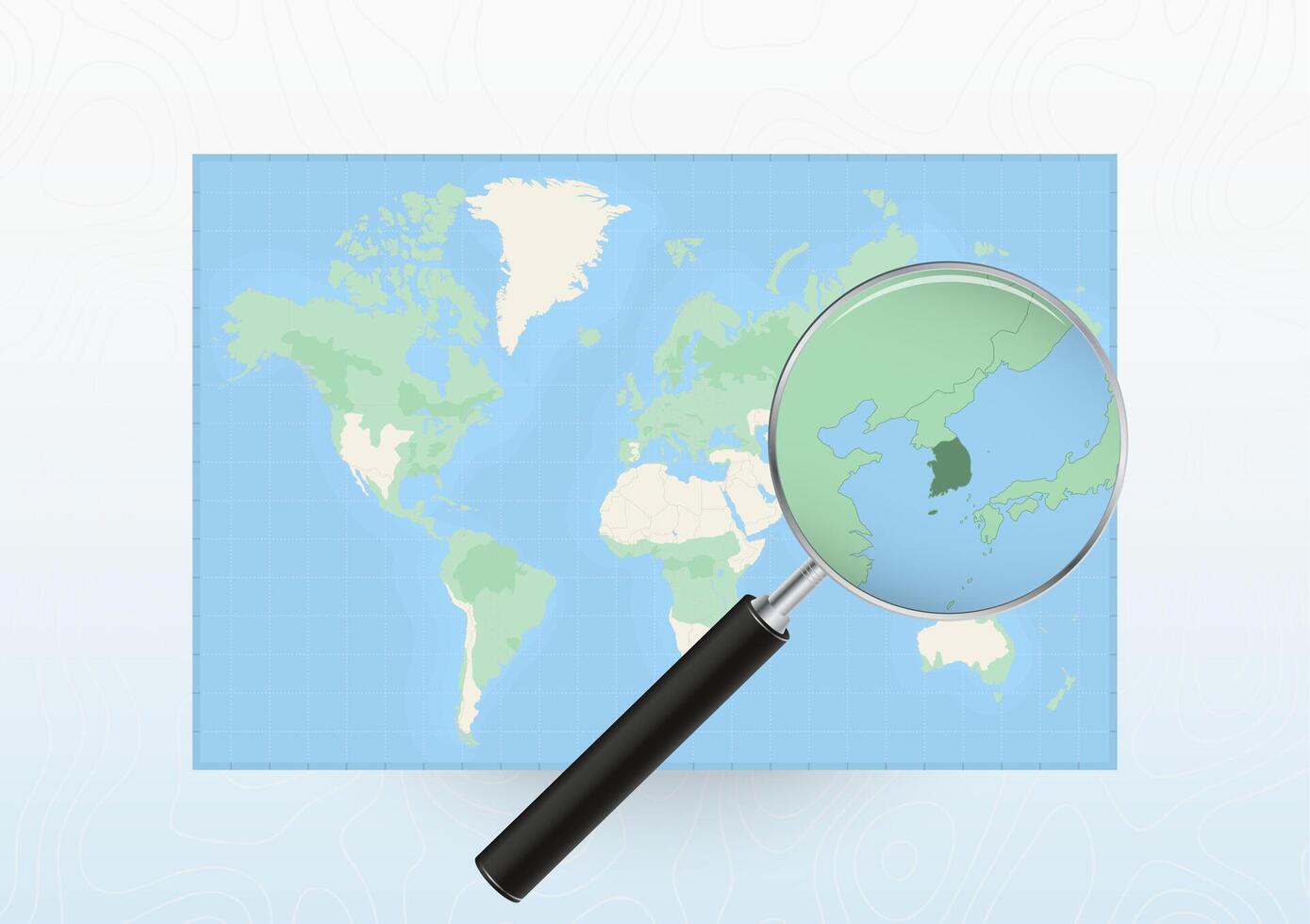 Map of the World with a magnifying glass aimed at South Korea, searching South Korea with loupe. vector