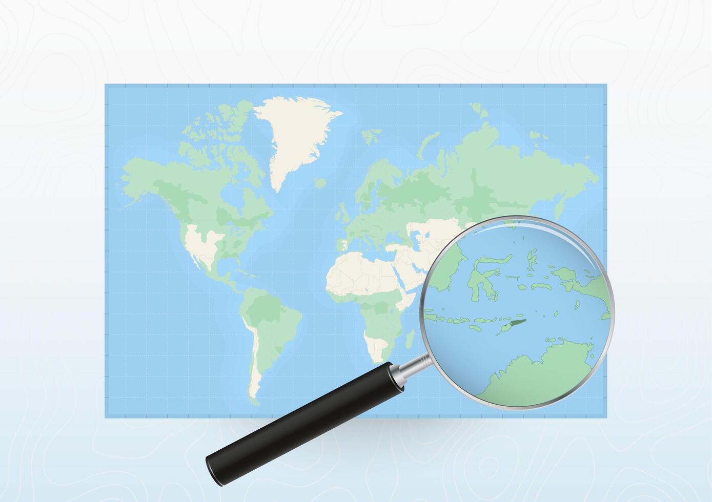 Map of the World with a magnifying glass aimed at East Timor, searching East Timor with loupe. vector