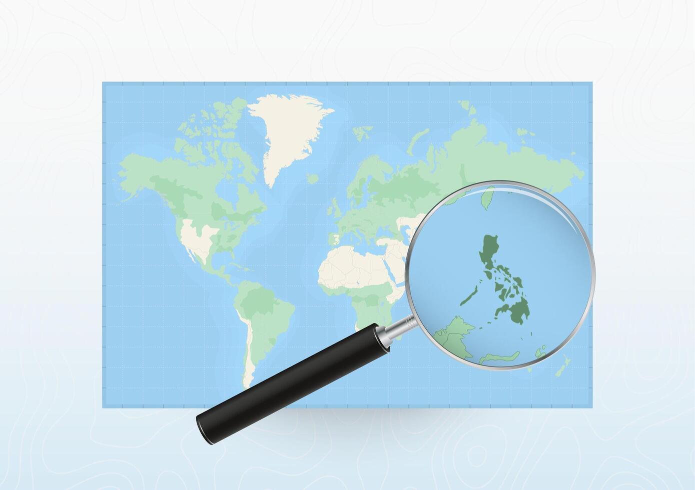 Map of the World with a magnifying glass aimed at Philippines, searching Philippines with loupe. vector