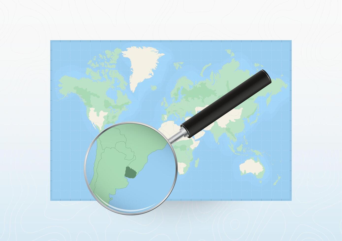Map of the World with a magnifying glass aimed at Uruguay, searching Uruguay with loupe. vector
