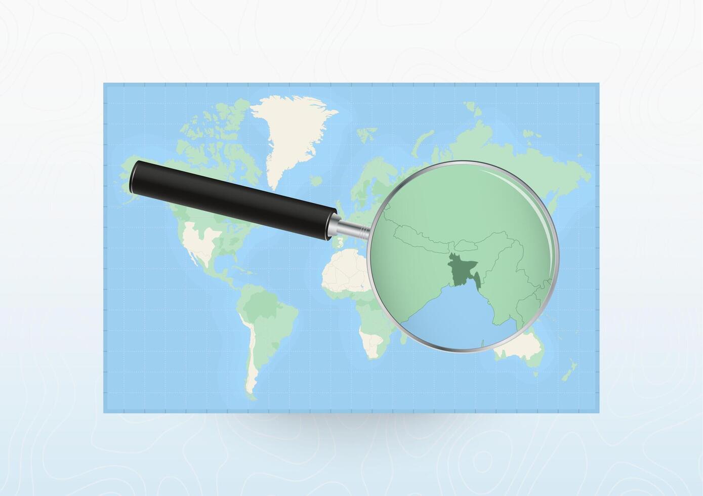 Map of the World with a magnifying glass aimed at Bangladesh, searching Bangladesh with loupe. vector