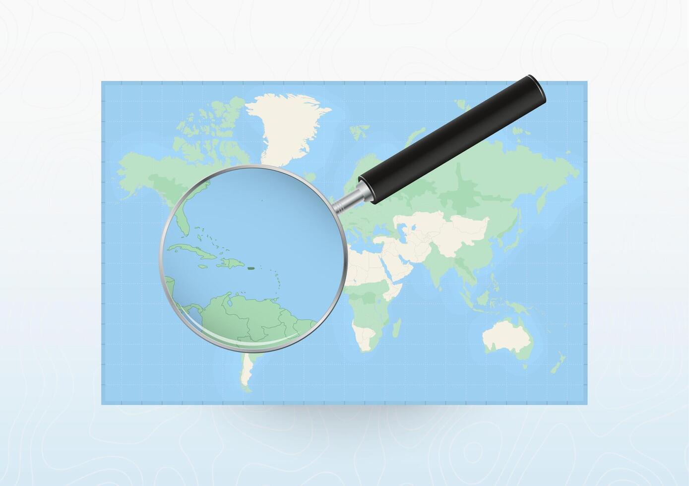 Map of the World with a magnifying glass aimed at Puerto Rico, searching Puerto Rico with loupe. vector