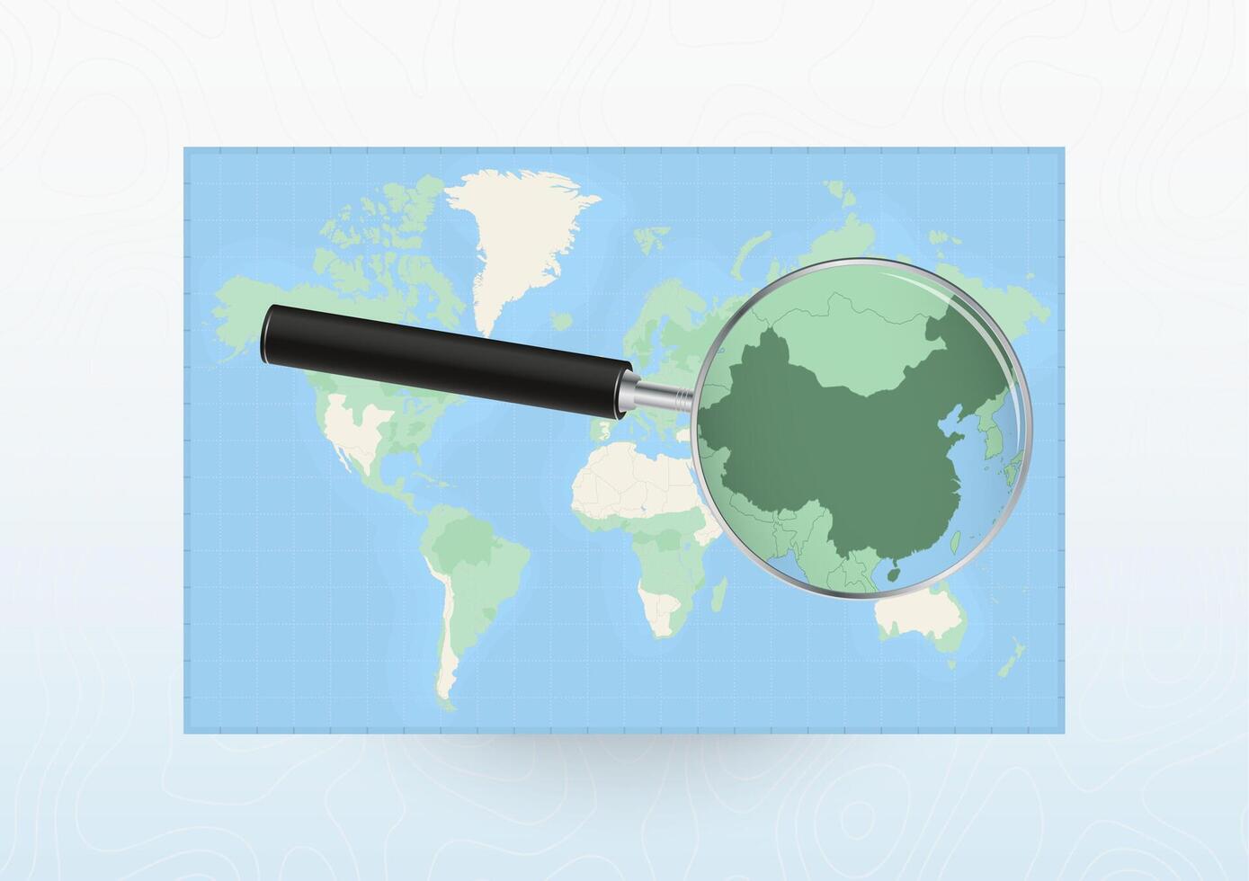 Map of the World with a magnifying glass aimed at China, searching China with loupe. vector