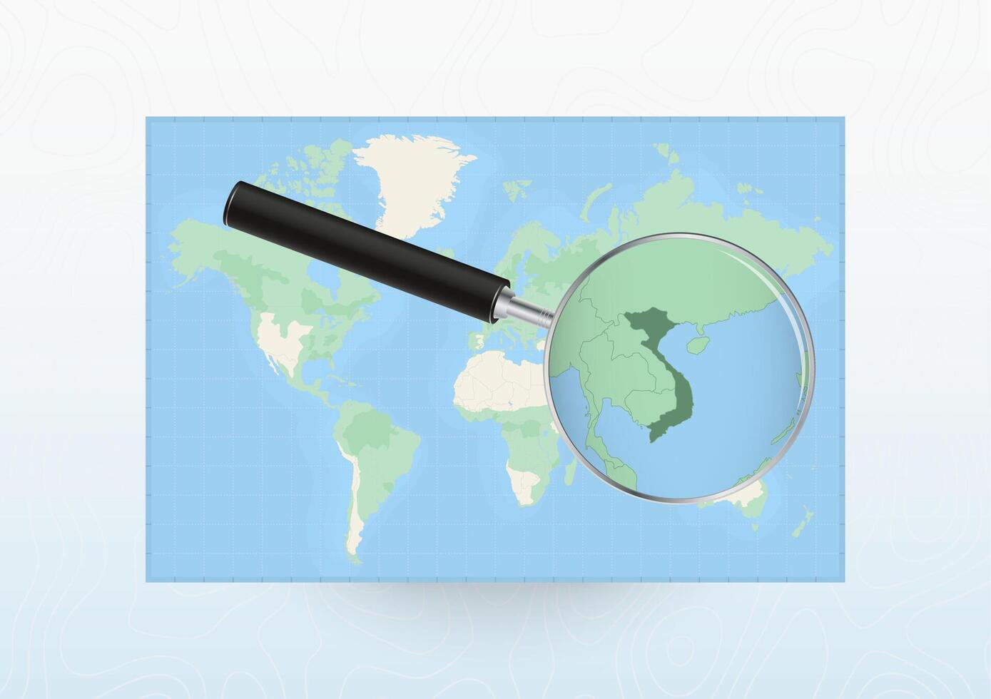 Map of the World with a magnifying glass aimed at Vietnam, searching Vietnam with loupe. vector