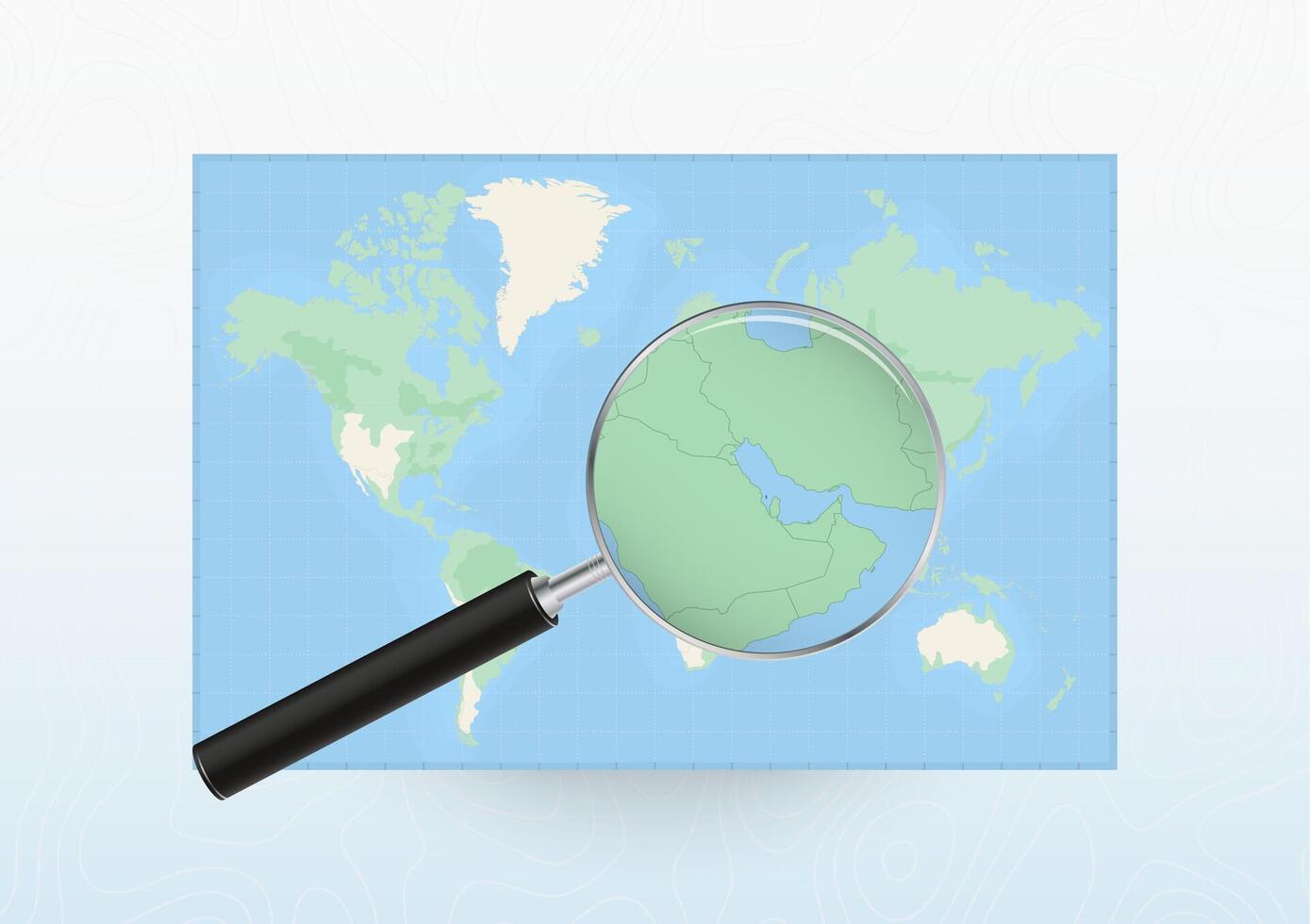 Map of the World with a magnifying glass aimed at Bahrain, searching Bahrain with loupe. vector