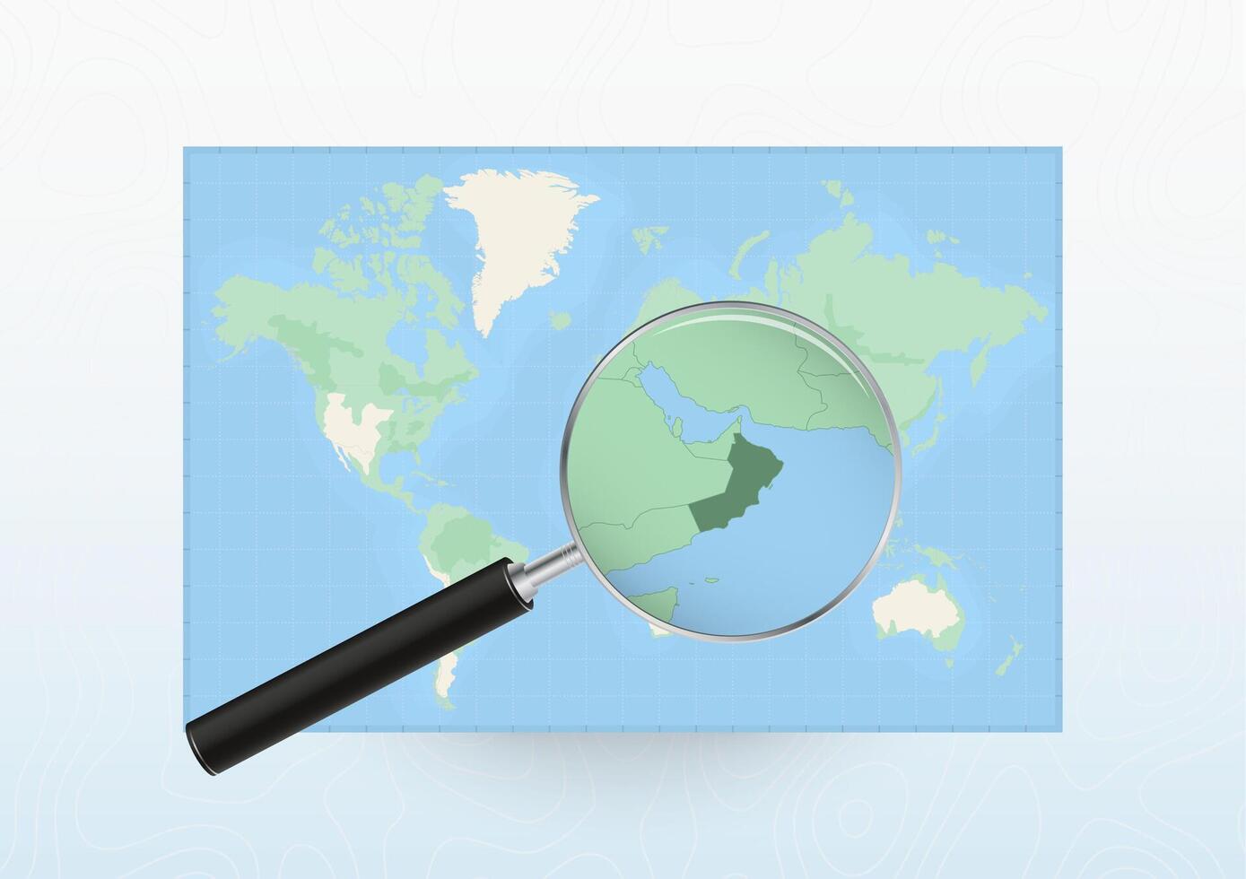 Map of the World with a magnifying glass aimed at Oman, searching Oman with loupe. vector