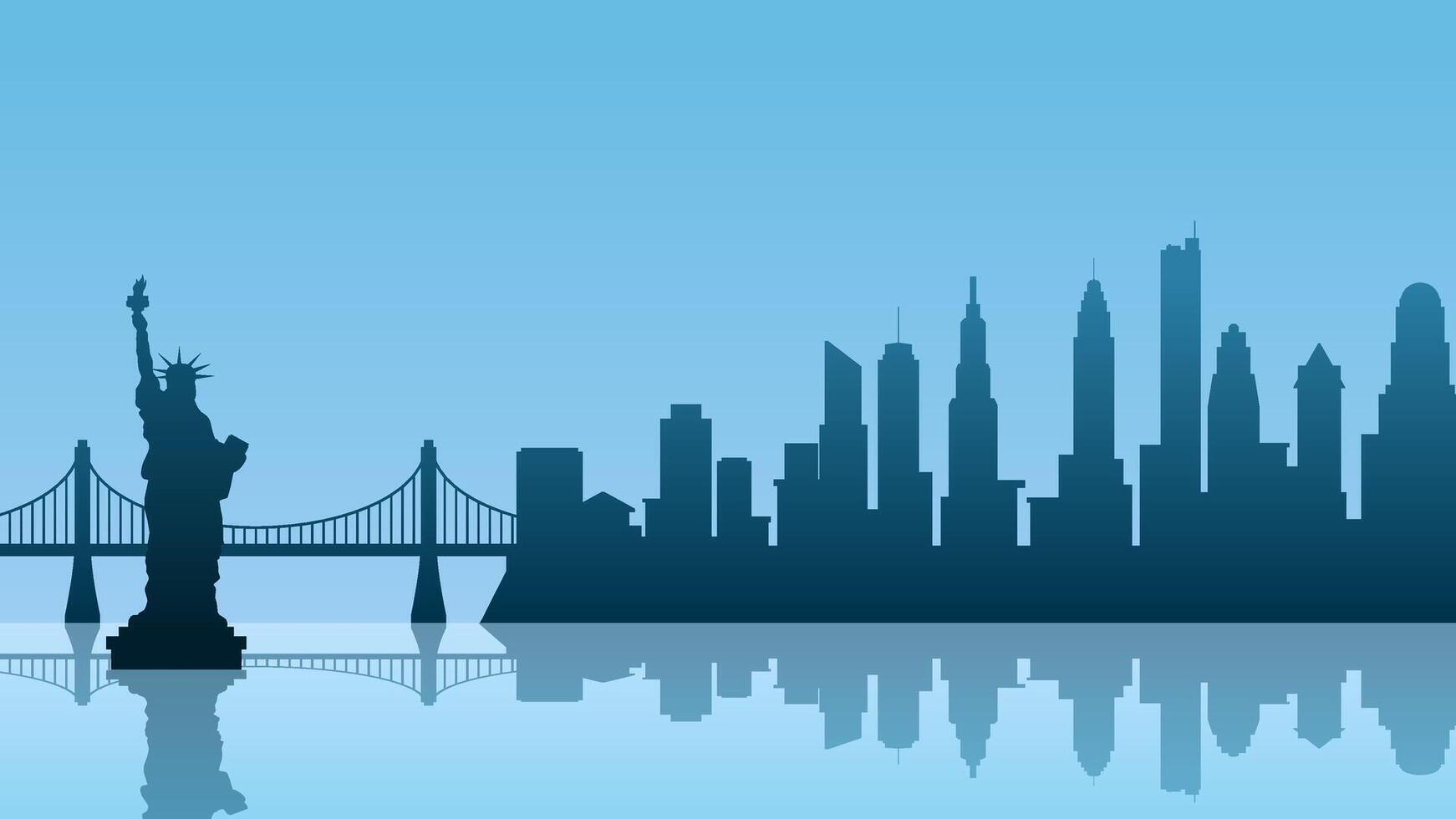 Cityscape illustration of new york city with Liberty statue and bridge vector