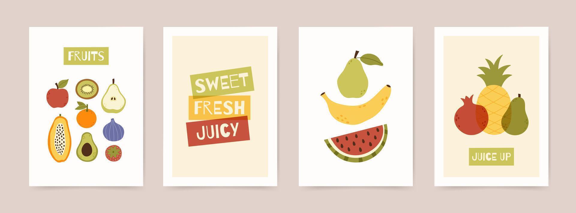 Modern abstract poster set with fruits, berries and geometric lettering phrase. Overlay effect vector