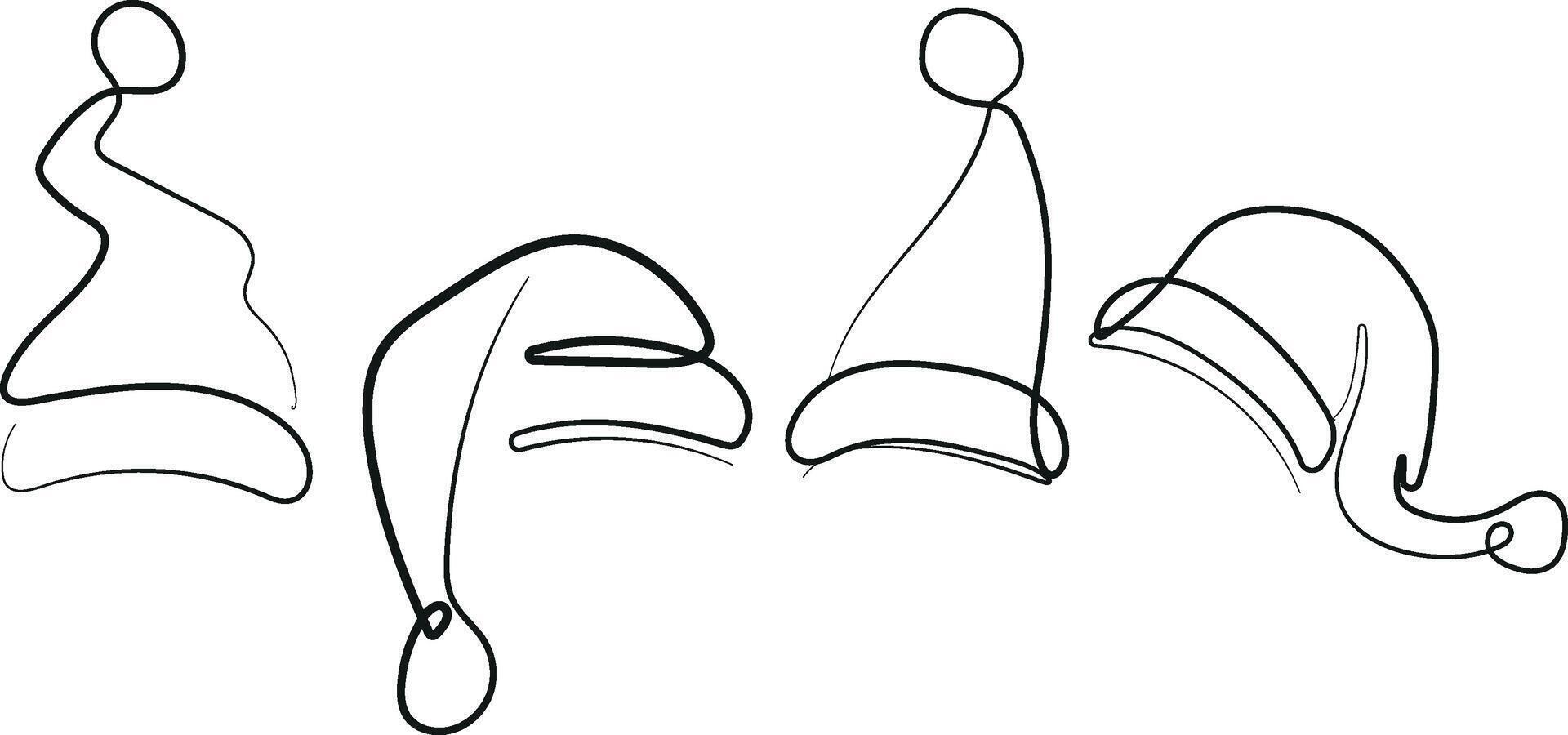 large set of New Year's hats of Santa Claus drawn with different contours in the style of line art vector