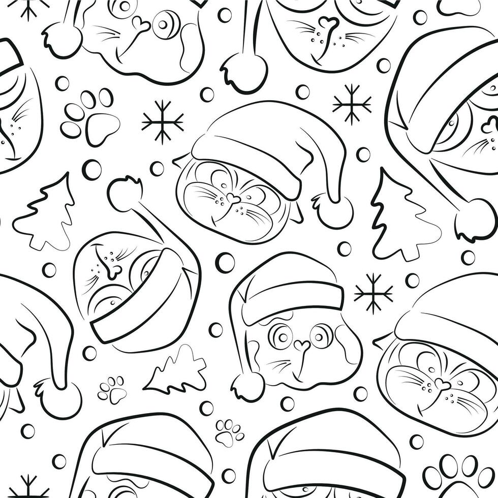 seamless christmas pattern with different cats in santa claus hats drawn in line art style vector