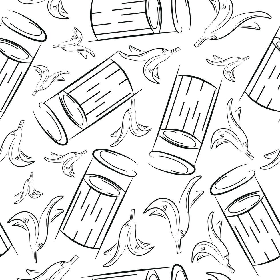 seamless pattern with small round street trash can and banana skins in line art style, to fight against environmental pollution vector