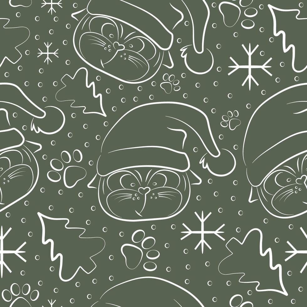simple christmas seamless pattern with cats with big eyes and in santa claus hat with christmas elements on green background vector