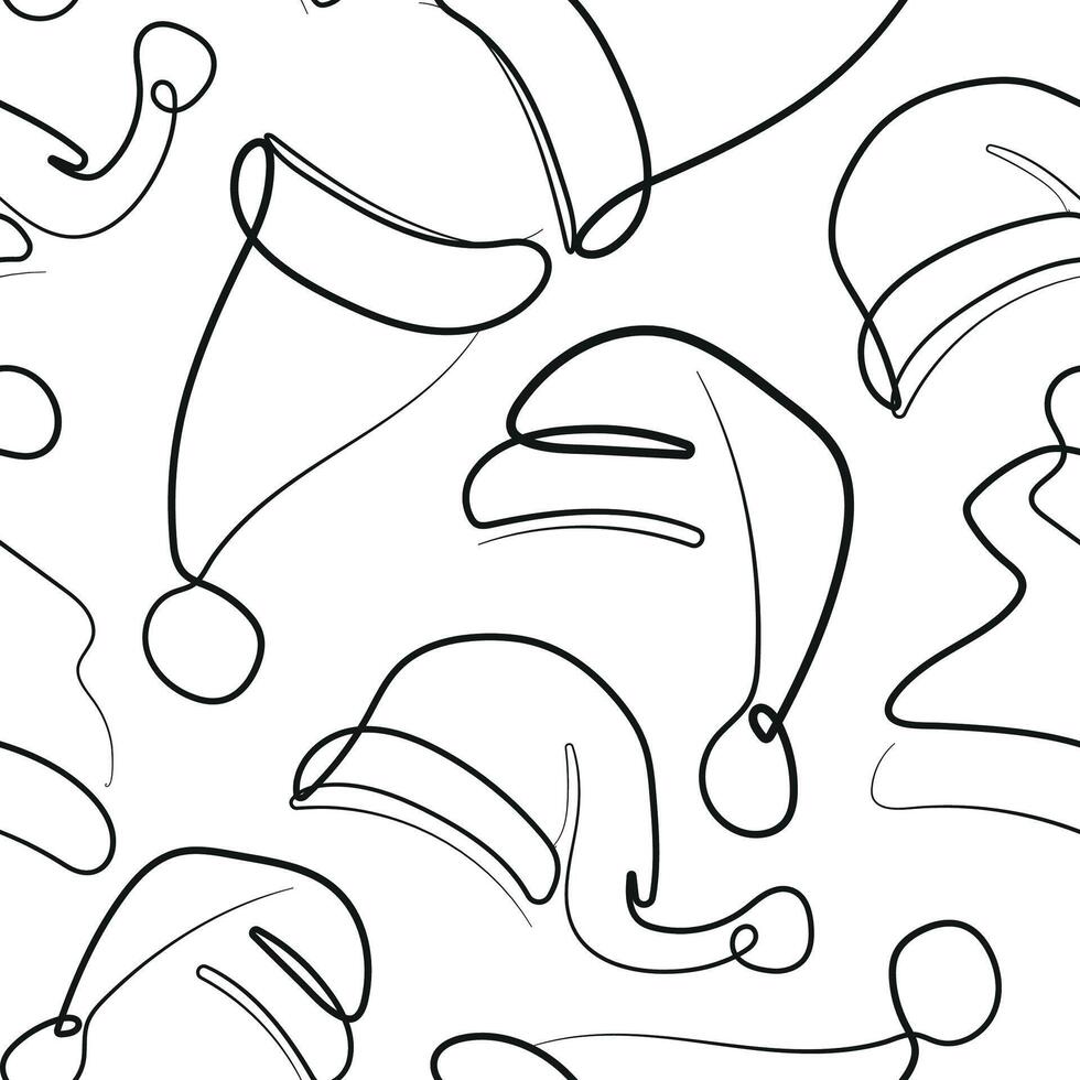 simple christmas pattern of various santa claus hats in line art style vector