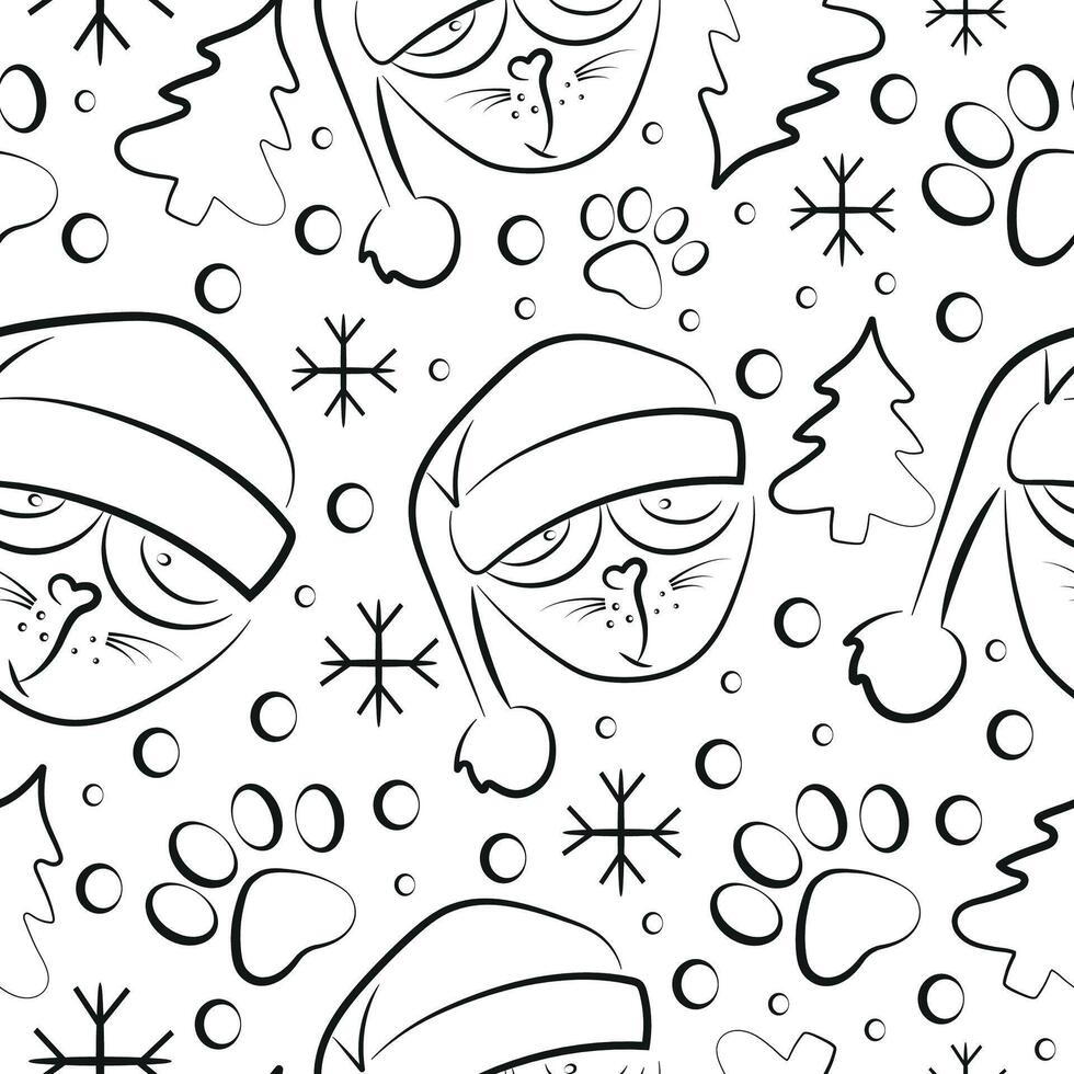 seamless pattern with simple icon of sad cat in santa hat in line art style vector