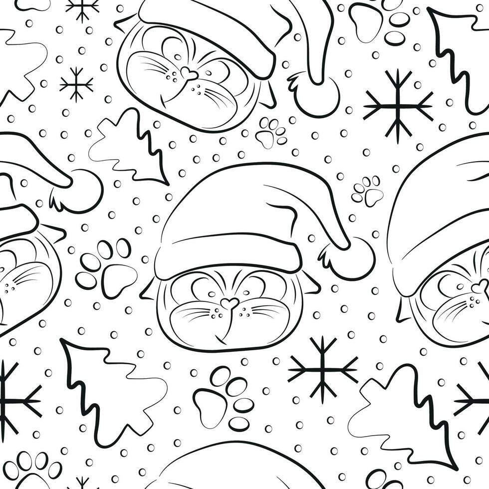 simple christmas seamless pattern with cats with big eyes and in santa claus hat with christmas elements vector