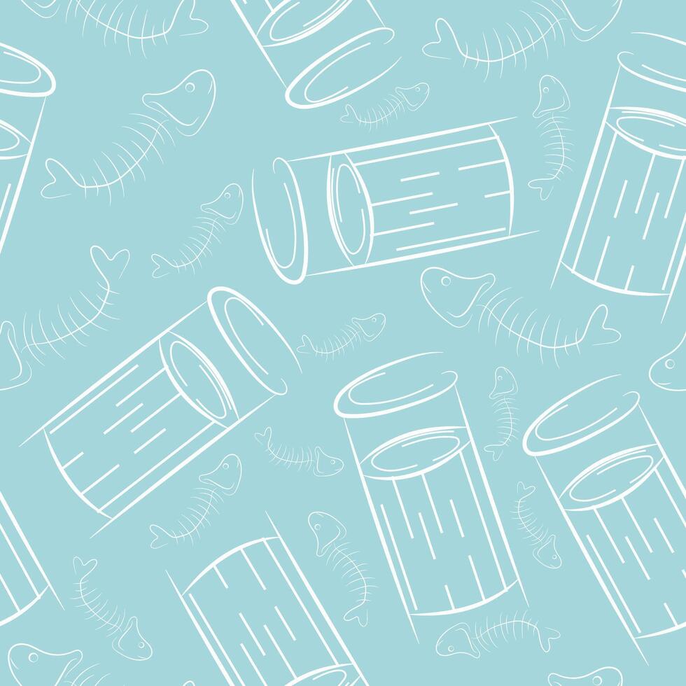 seamless pattern with small round street trash can and fish spine in line art style on blue background, to fight against environmental pollution day vector