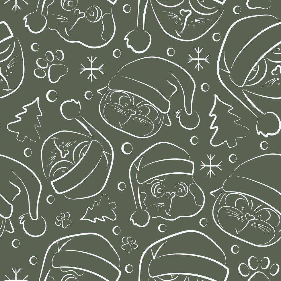 seamless christmas pattern with different cats in santa claus hats drawn in line art style on green background vector