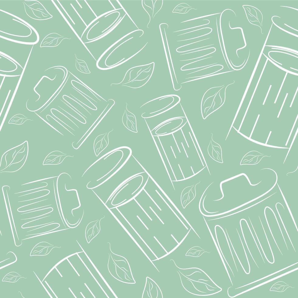 seamless pattern of two icons of round street trash cans drawn in line art style on green background, to fight against environmental pollution day vector