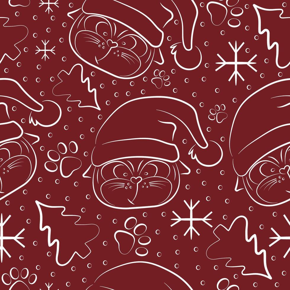 simple christmas seamless pattern with cats with big eyes and in santa claus hat with christmas elements on red background vector