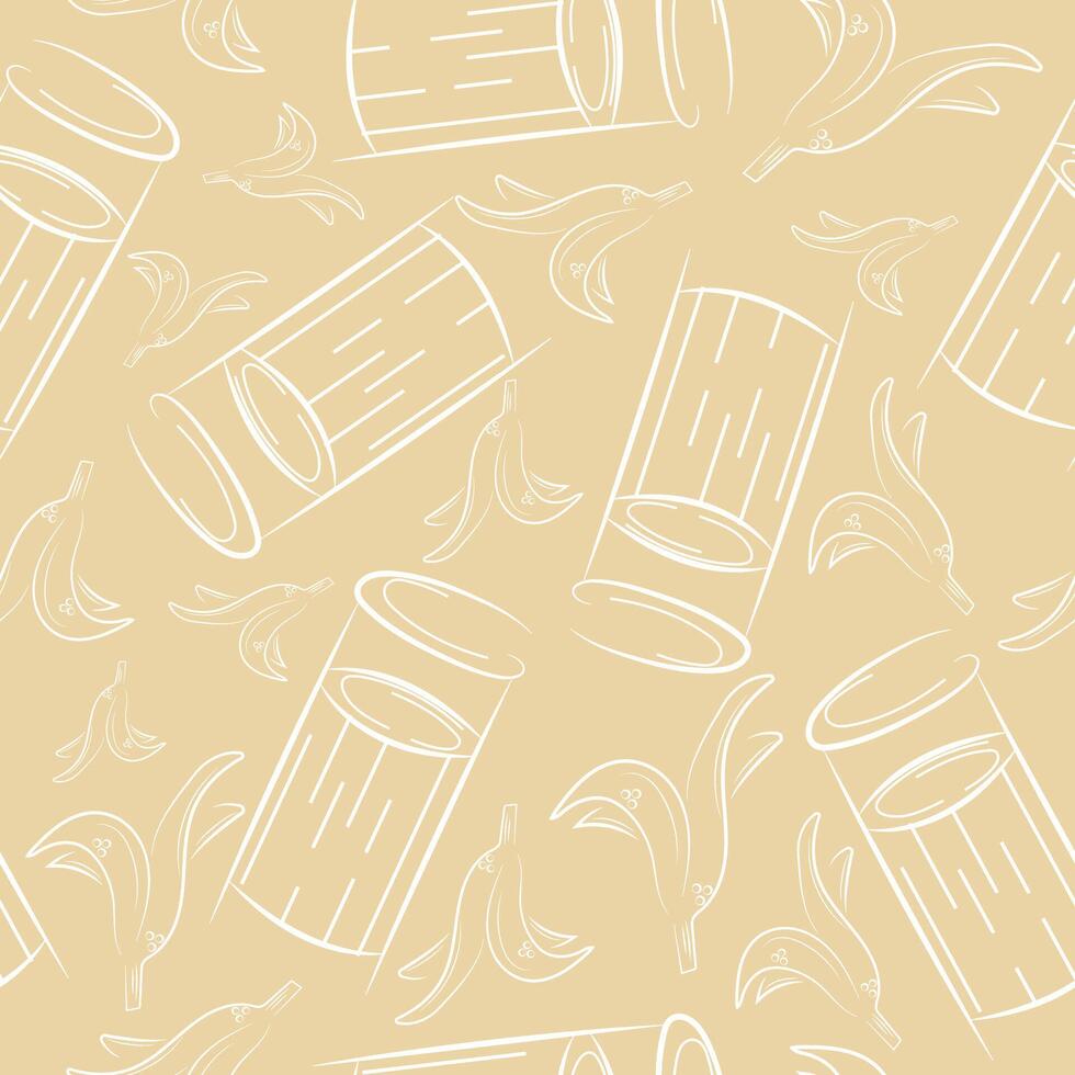 seamless pattern with a small round street trash can and banana peels in line art style on a yellow background, to fight against environmental pollution day vector