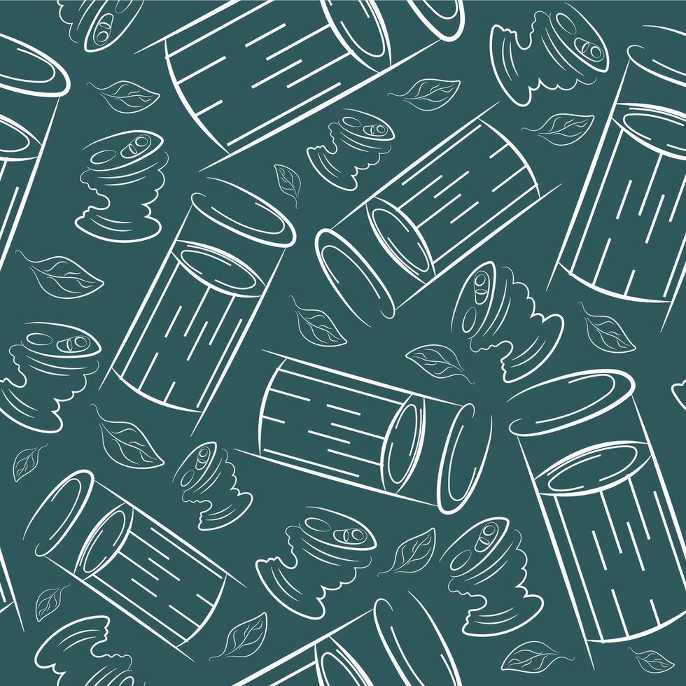seamless pattern with small round street dustbin tin can in line art style on synth background, to fight against environmental pollution day vector