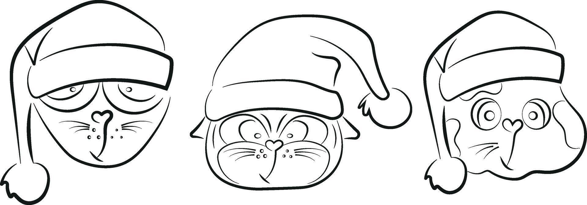 big Christmas set of various faces of cats in different Santa Claus hats drawn in line art style vector